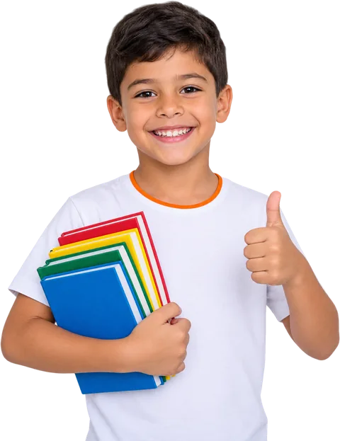 Menino do Fundamental I sorri, segura livros coloridos e faz sinal de positivo