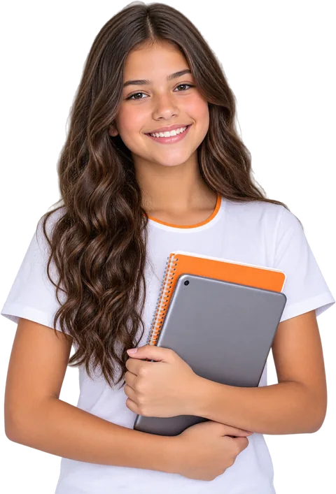 Aluna do Fundamental II sorri segurando um tablet e um caderno