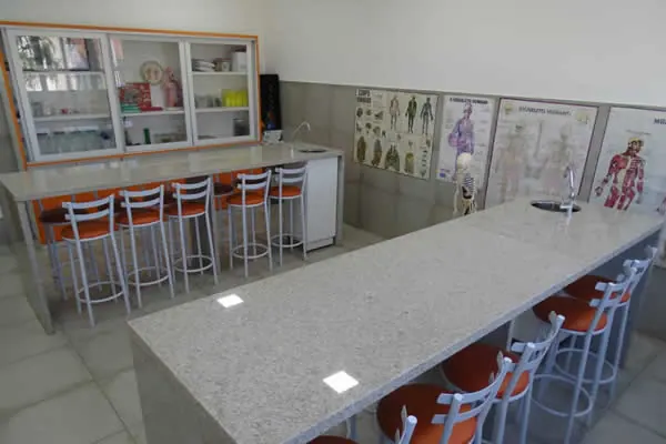 Laboratório com bancada de granito, banquetas e pranchas de anatomia na parede